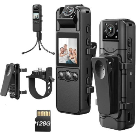 [해외]바디 마운트 비디오 카메라: 1080P 128GB Z55 웨어러블 카메라, 6시간 녹화, 180° 회전 렌즈, 모션 감지, 야외 모니터링용 캠코더, 반려동물 산책, 홈 오피