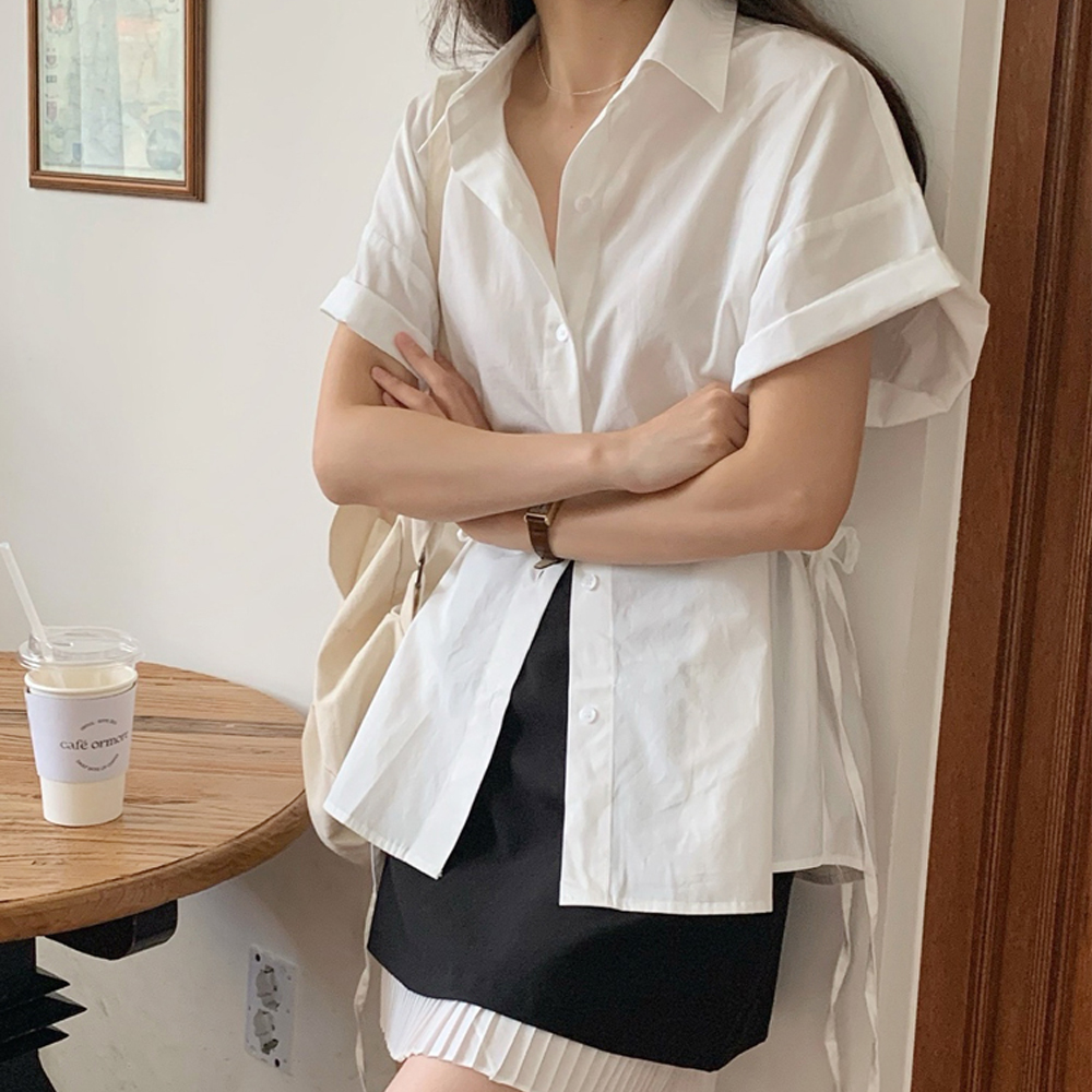 바스락 코튼 스트랩 여성 여름 반팔 셔츠 남방 오버핏 여자 셔츠 블라우스 화이트 핑크 블루 - 메인 이미지
