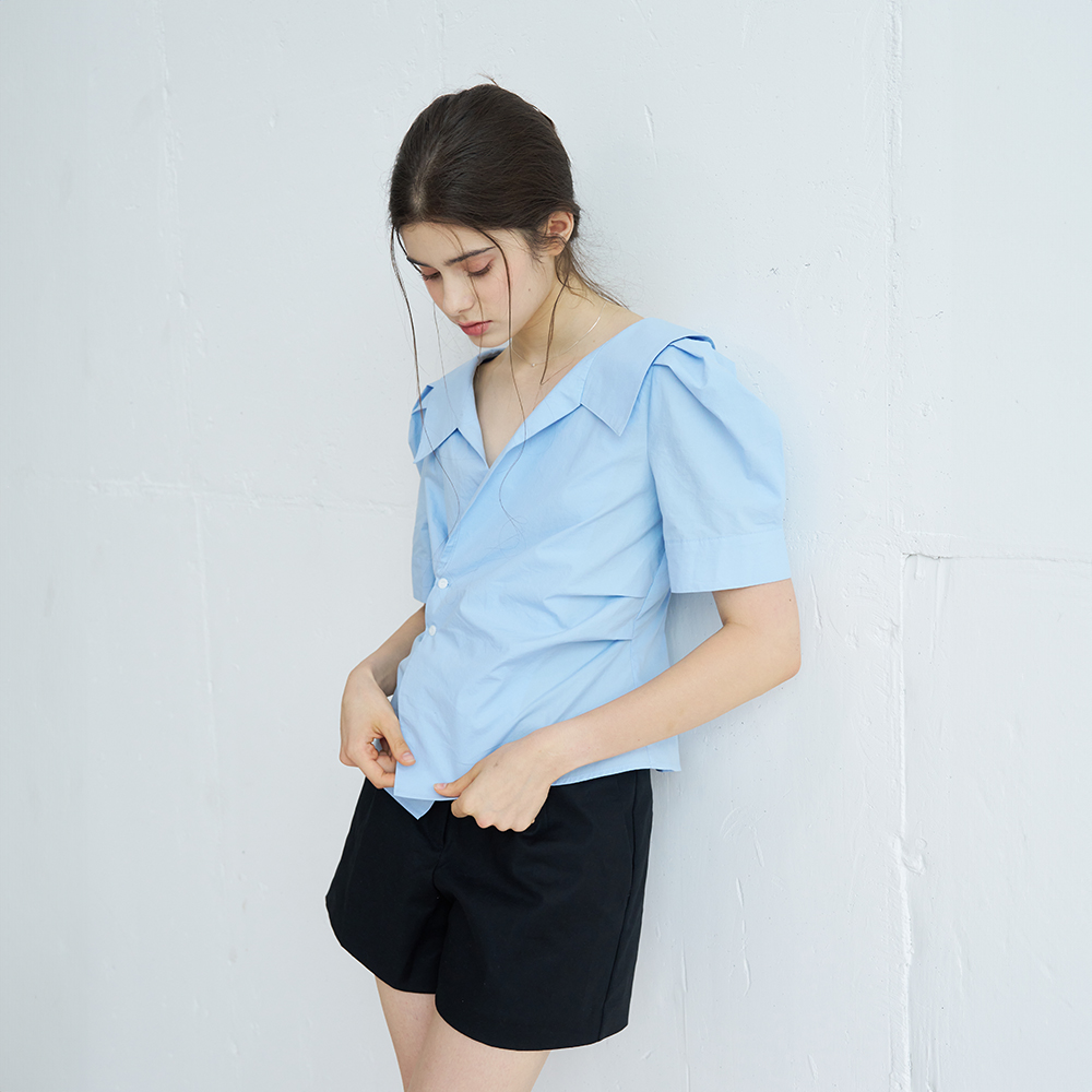 PUFF SLEEVE STRIPE COLLAR WRAP BLOUSE (SKY BLUE) - 상세 이미지 3