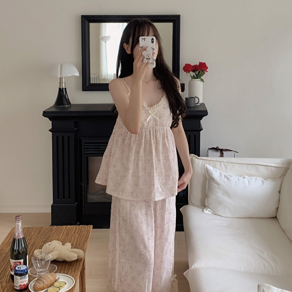 캡내장잠옷 거즈면잠옷 나시파자마 브라캡 노브라 민소매 여름 플라 긴바지 라비엔 세트 - 상세 이미지 4