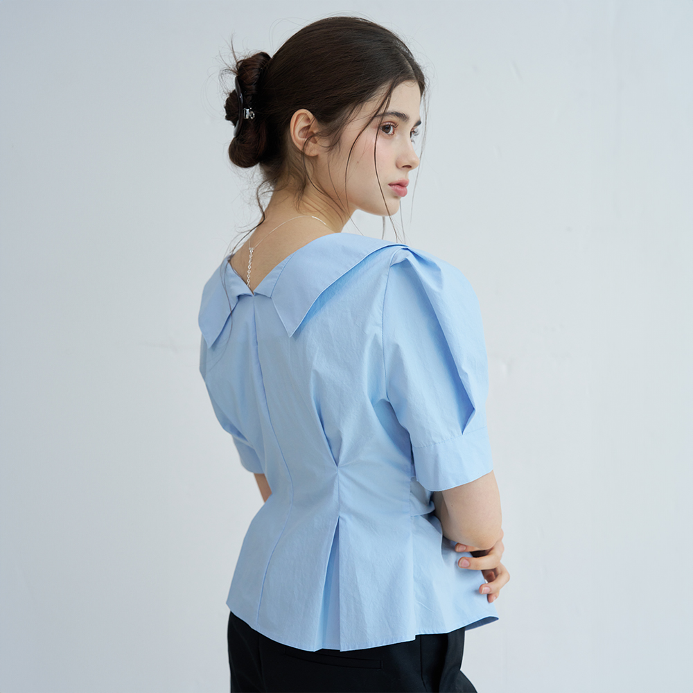 PUFF SLEEVE STRIPE COLLAR WRAP BLOUSE (SKY BLUE) - 상세 이미지 4