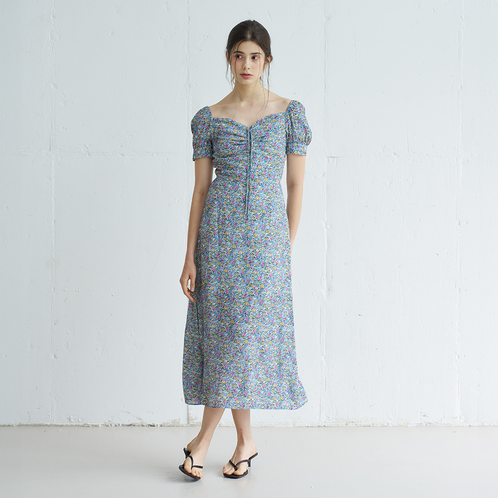 SUSHA HEART NECK FLORAL MIDI ONEPIECE (BLUE) - 상품 이미지