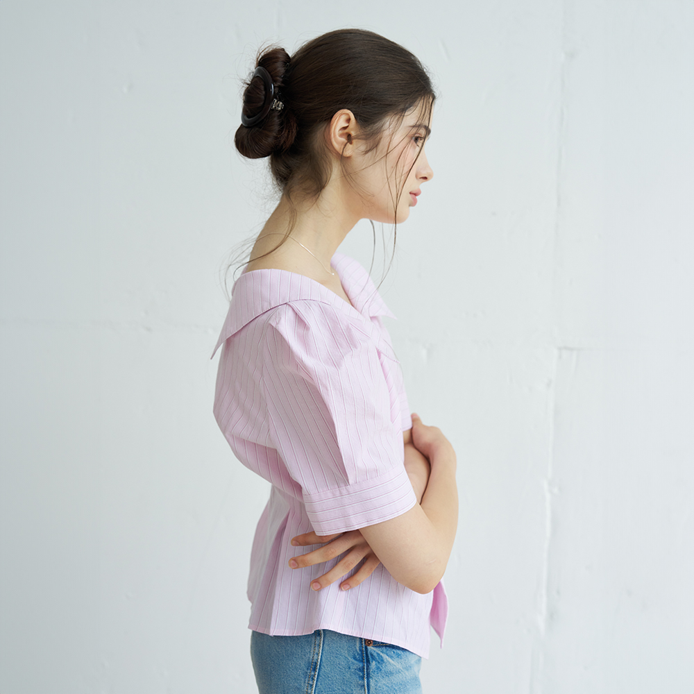 PUFF SLEEVE STRIPE COLLAR WRAP BLOUSE (PINK) - 상세 이미지 2