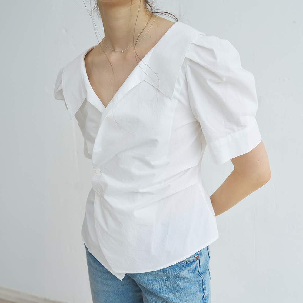 PUFF SLEEVE STRIPE COLLAR WRAP BLOUSE (WHITE) - 상세 이미지 5