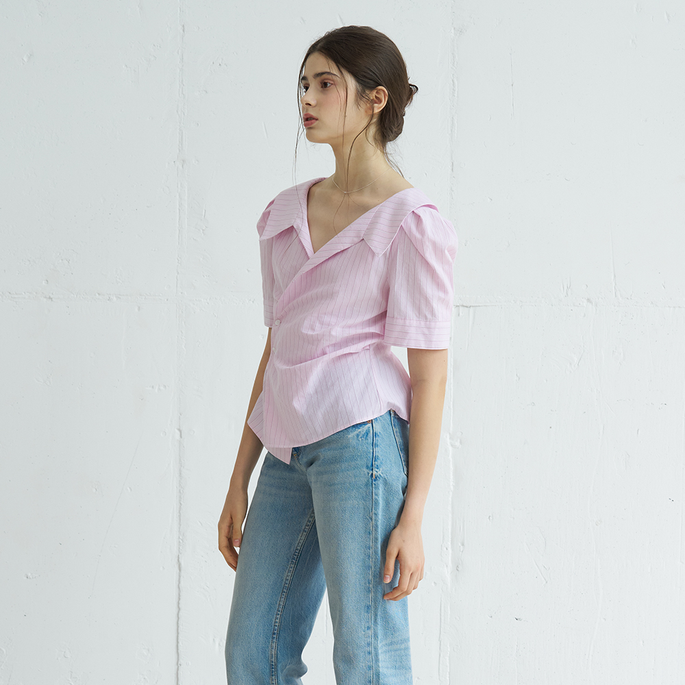 PUFF SLEEVE STRIPE COLLAR WRAP BLOUSE (PINK) - 상세 이미지 4