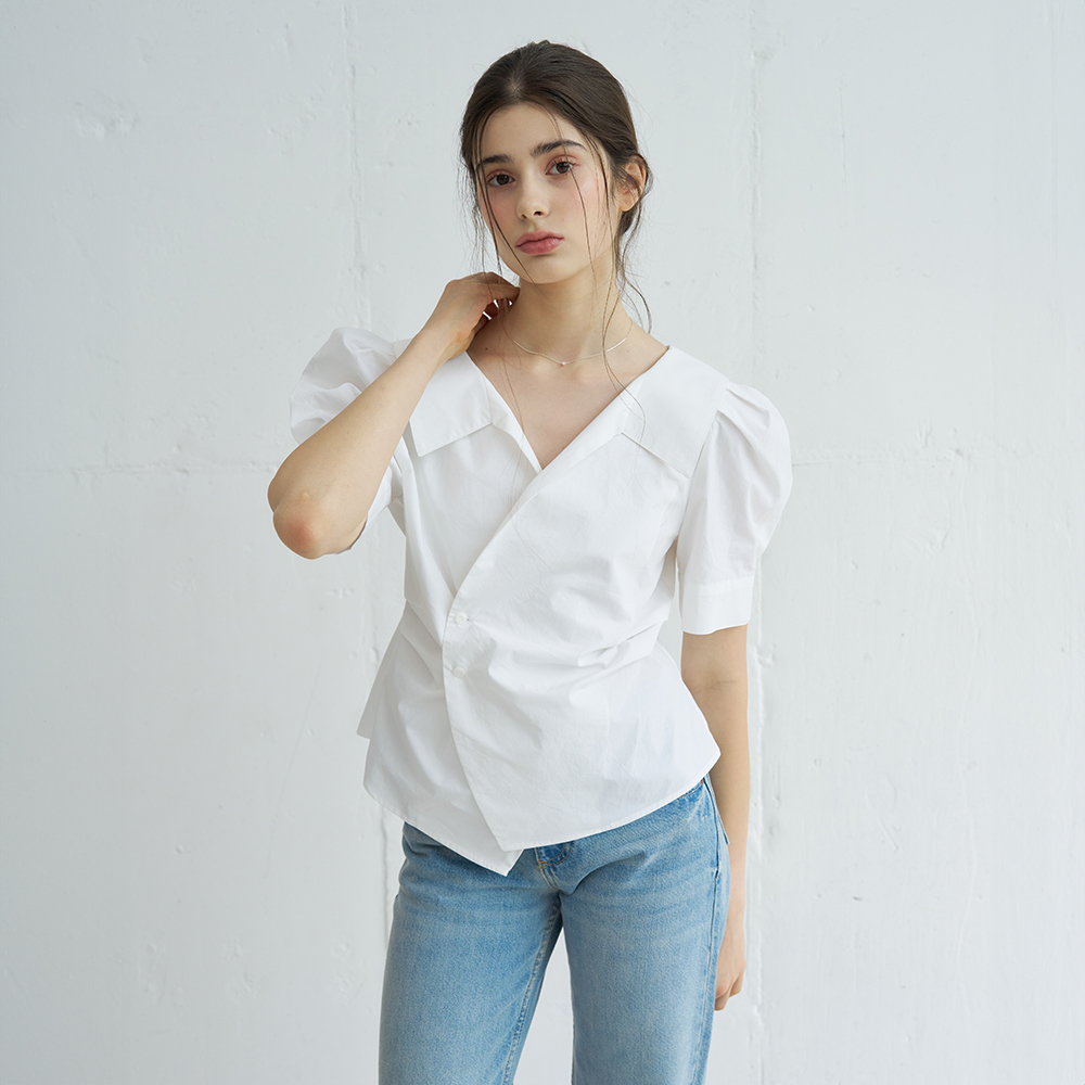 PUFF SLEEVE STRIPE COLLAR WRAP BLOUSE (WHITE) - 상세 이미지 2