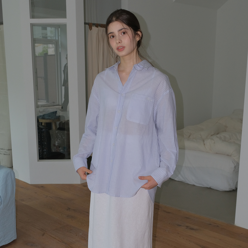 HENRY POCKET STRIPE SHIRTS (BLUE) - 메인 이미지