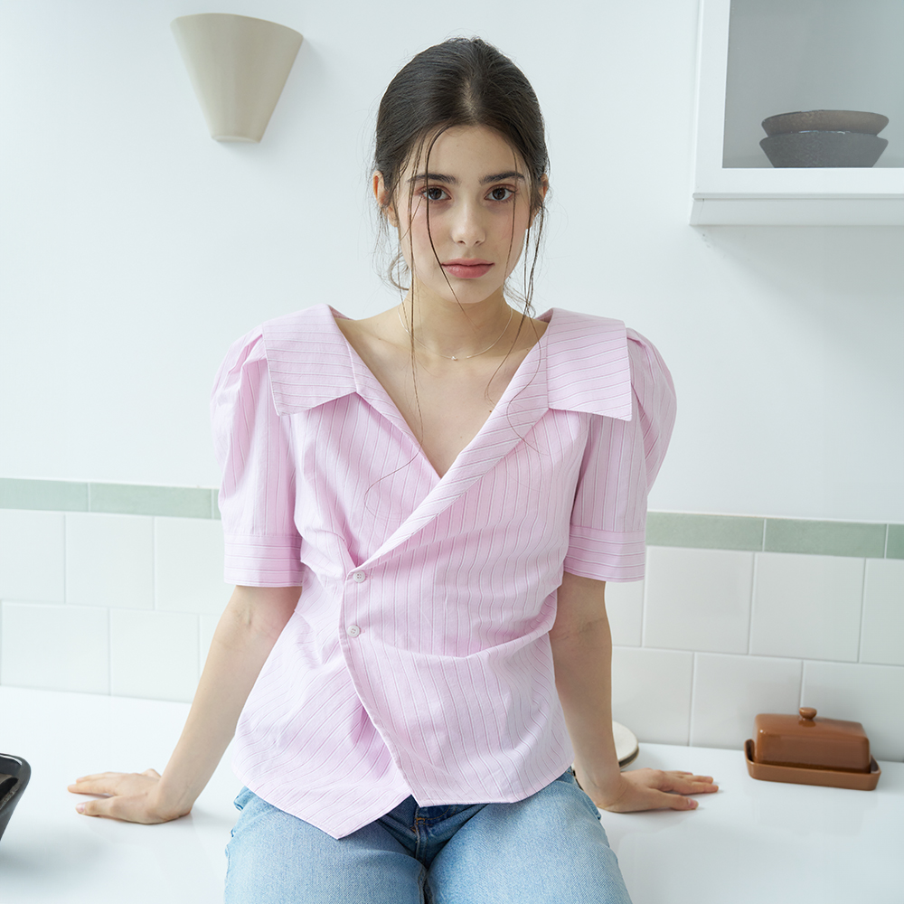 PUFF SLEEVE STRIPE COLLAR WRAP BLOUSE (PINK) - 상품 이미지