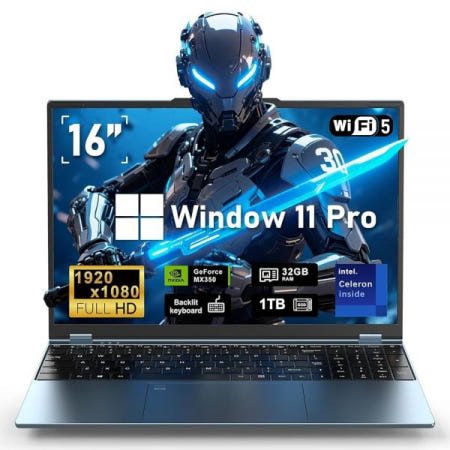 [해외]NAIKLULU 게이밍 노트북, 노트북 컴퓨터 PC, Win 11 Pro 16인치 랩 탑 2025, 32GB RAM 1TB SSD MX350 그래픽, N95 4C/4T 프로