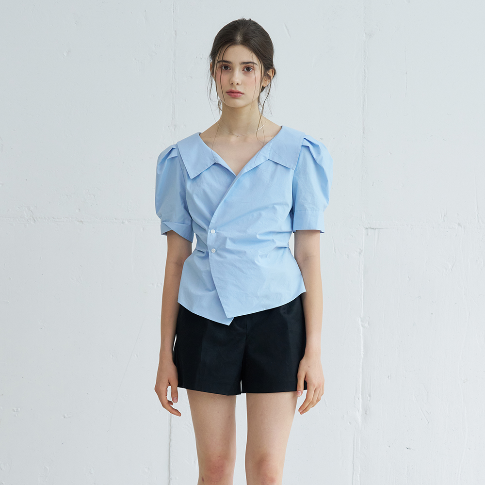 PUFF SLEEVE STRIPE COLLAR WRAP BLOUSE (SKY BLUE) - 상세 이미지 5