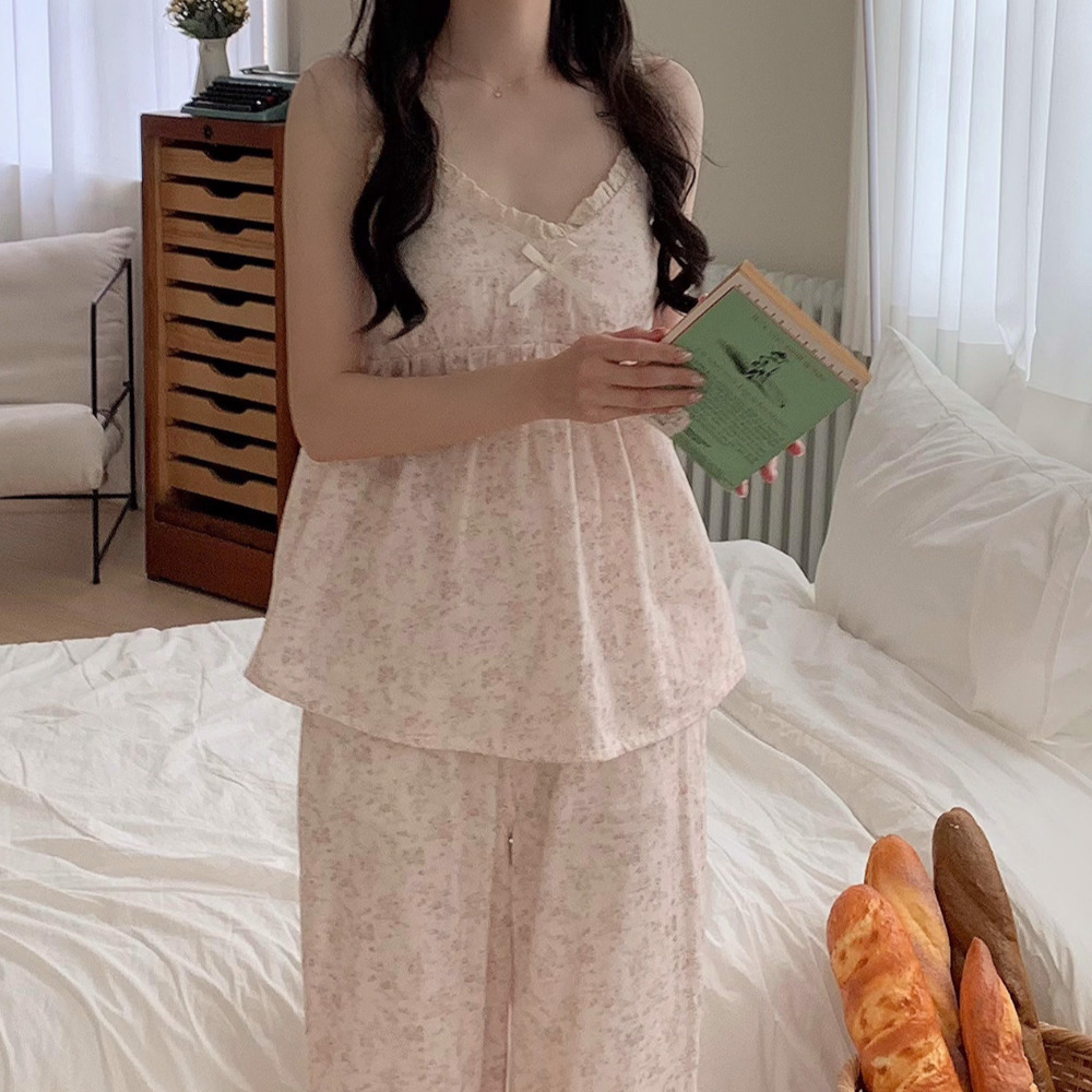 캡내장잠옷 거즈면잠옷 나시파자마 브라캡 노브라 민소매 여름 플라 긴바지 라비엔 세트 - 상품 이미지