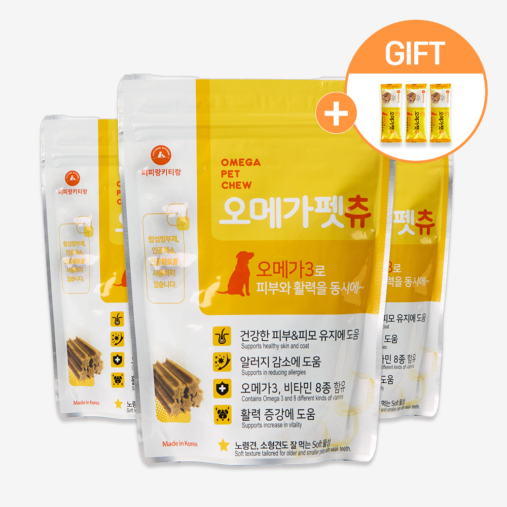 오메가펫츄 강아지 영양제 반려견 오메가3 치석제거 간식 비타민 피부 36개입, 3개