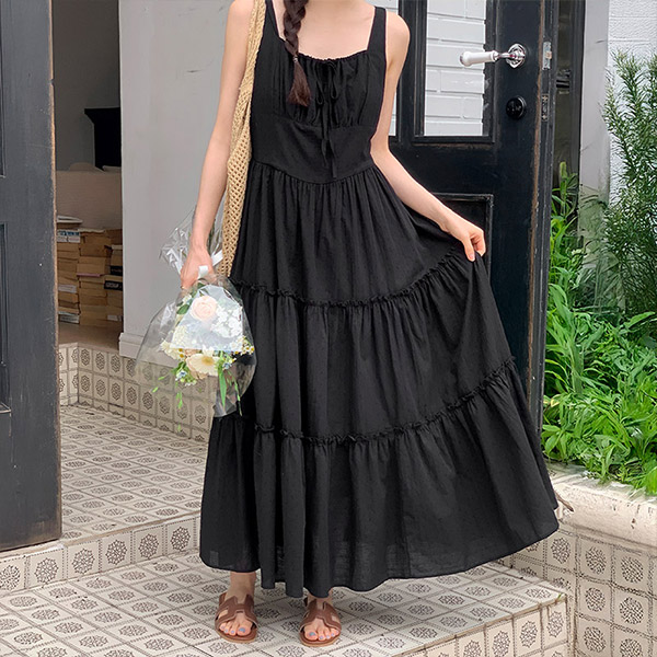 러뷰미 리본 캉캉 플레어 뷔스티에 롱 원피스 op16076