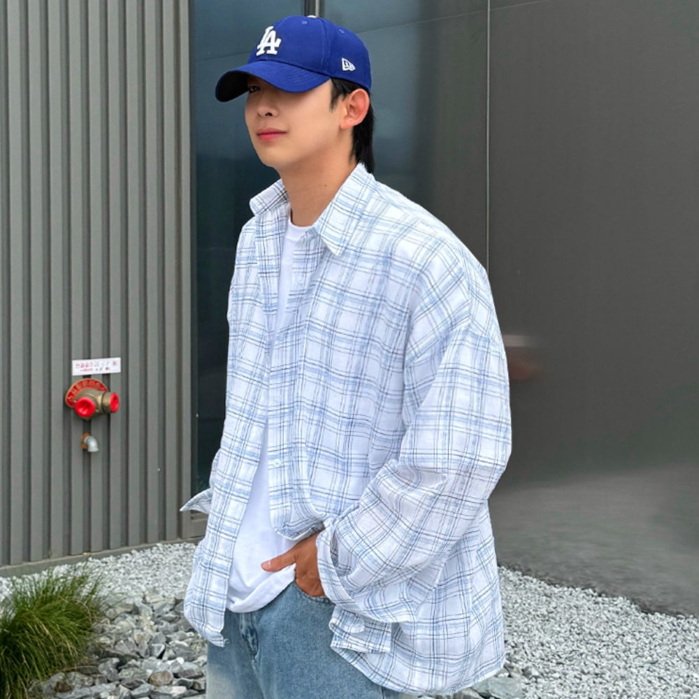 남자 차스 루즈 오버핏 여름 쿨링 린넨 긴팔 체크 셔츠 남방 이미지 6