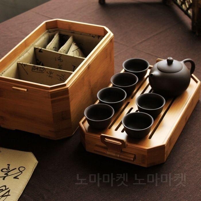 대나무 티백보관함 커피 티박스 차판 트레이 겸용 차통 토트백 세트 - 메인 이미지