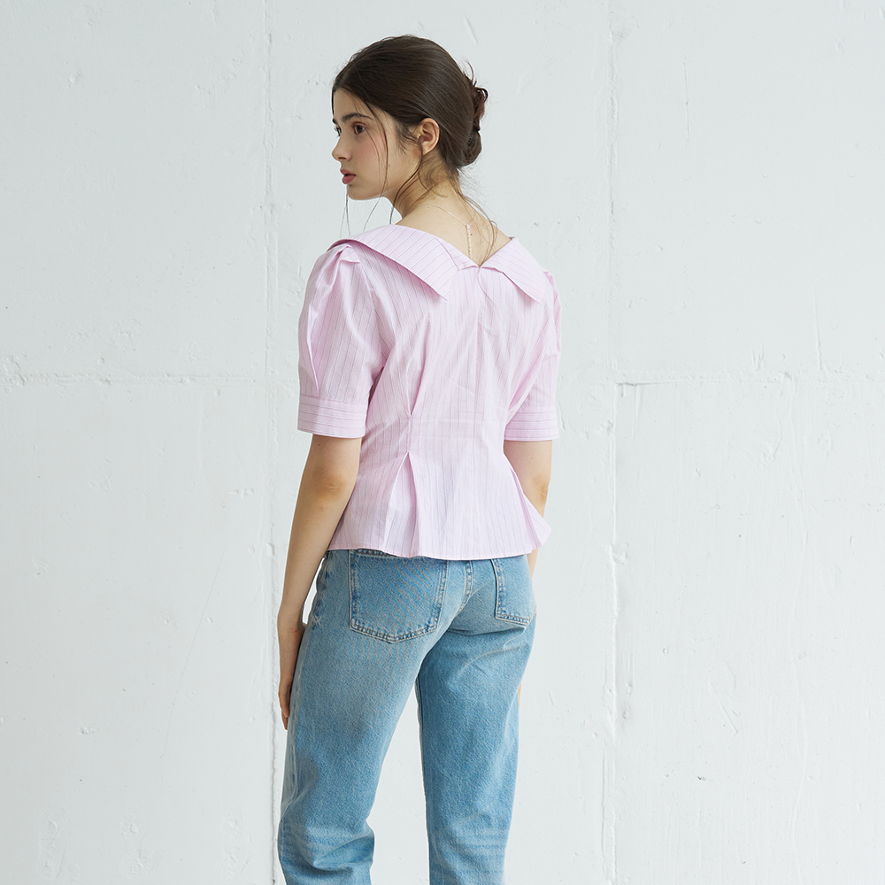 PUFF SLEEVE STRIPE COLLAR WRAP BLOUSE (PINK) - 상세 이미지 5