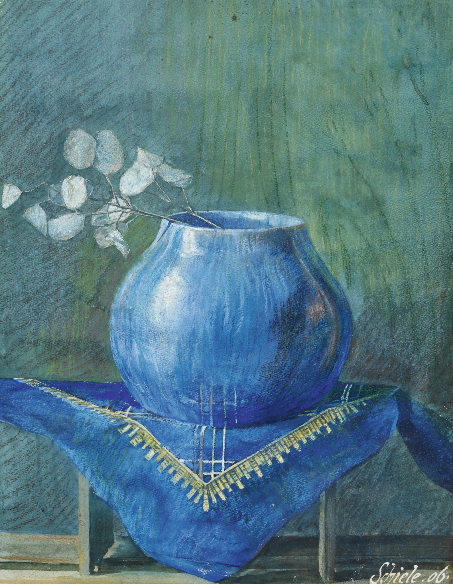 Still Life of a Moneyplant Branch in Blue Vase 원본비율 아트포스터 쉴레 - 상품 이미지