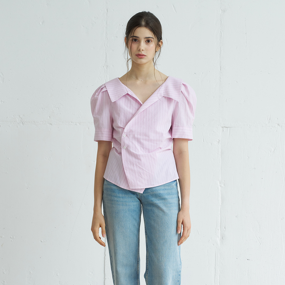 PUFF SLEEVE STRIPE COLLAR WRAP BLOUSE (PINK) - 상세 이미지 3