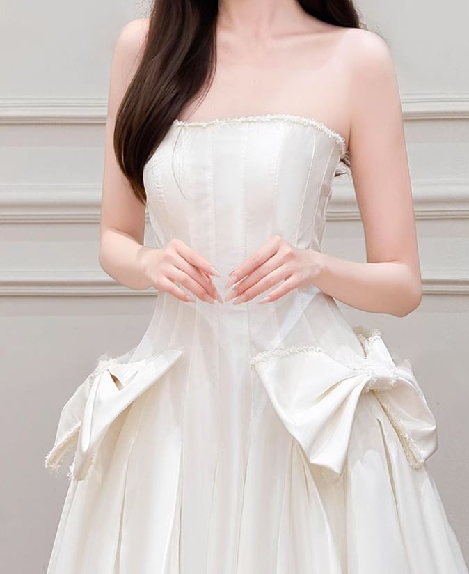 셀프웨딩드레스 A라인 플레어 리본 본식 스몰웨딩 심플 결혼식 드레스 - 상세 이미지 5