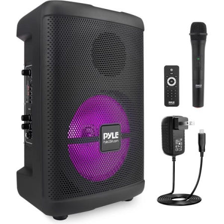Pyle [해외]Pyle 휴대용 블루투스 PA 스피커-240W 8인치 충전식 실내/외 BT 노래방 오디오 시스템-TWS, 파티 조명, LED 디스플레이, FM/AUX/MP3/USB/S 8