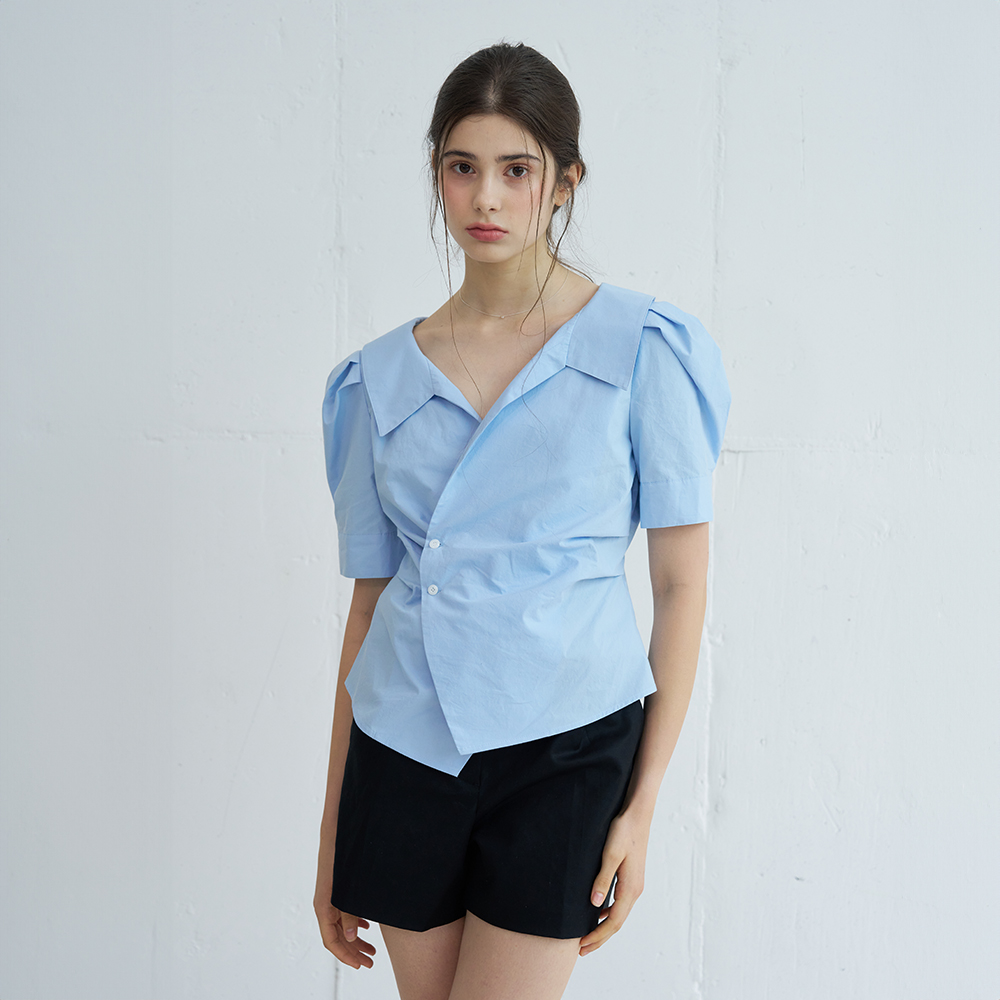 PUFF SLEEVE STRIPE COLLAR WRAP BLOUSE (SKY BLUE) - 상세 이미지 2