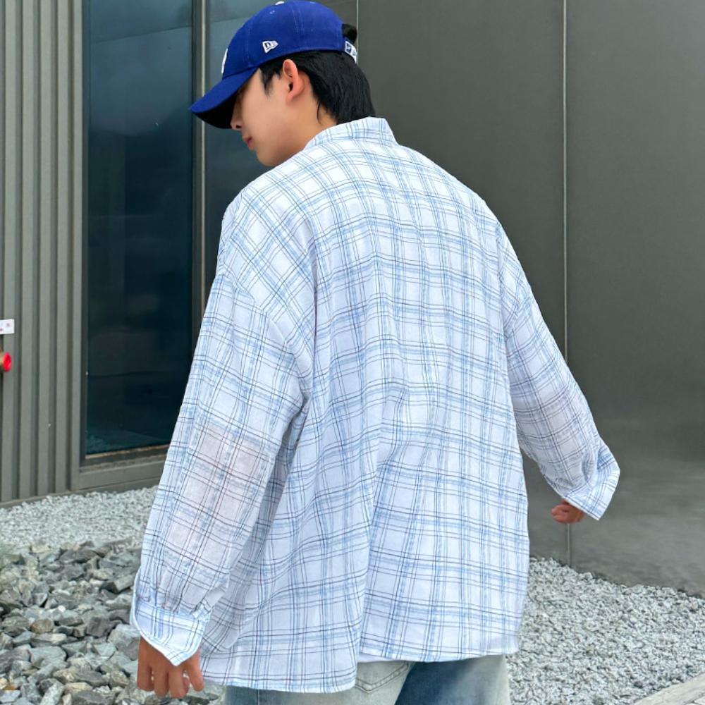 남자 차스 루즈 오버핏 여름 쿨링 린넨 긴팔 체크 셔츠 남방 - 상세 이미지 4