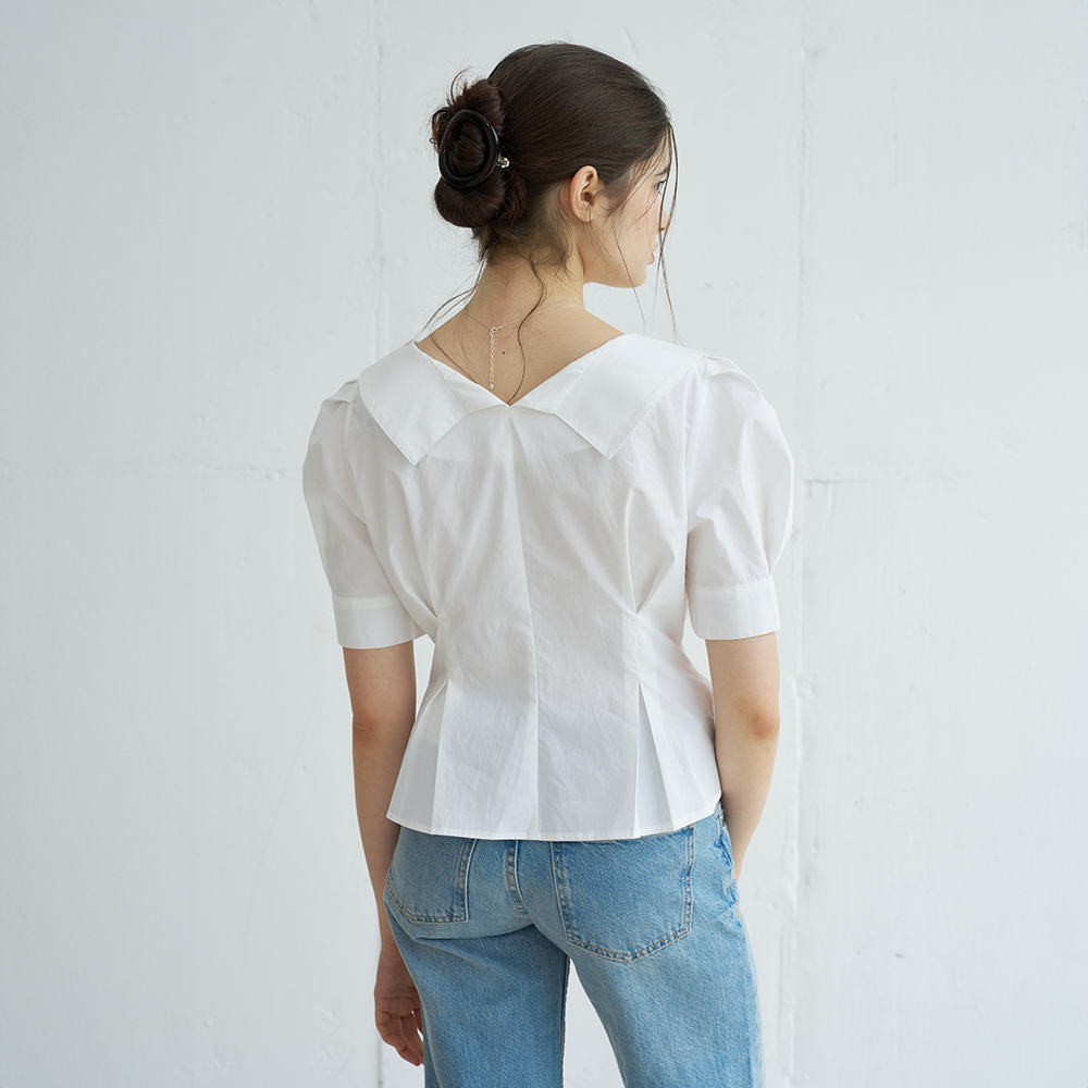 PUFF SLEEVE STRIPE COLLAR WRAP BLOUSE (WHITE) - 상세 이미지 3