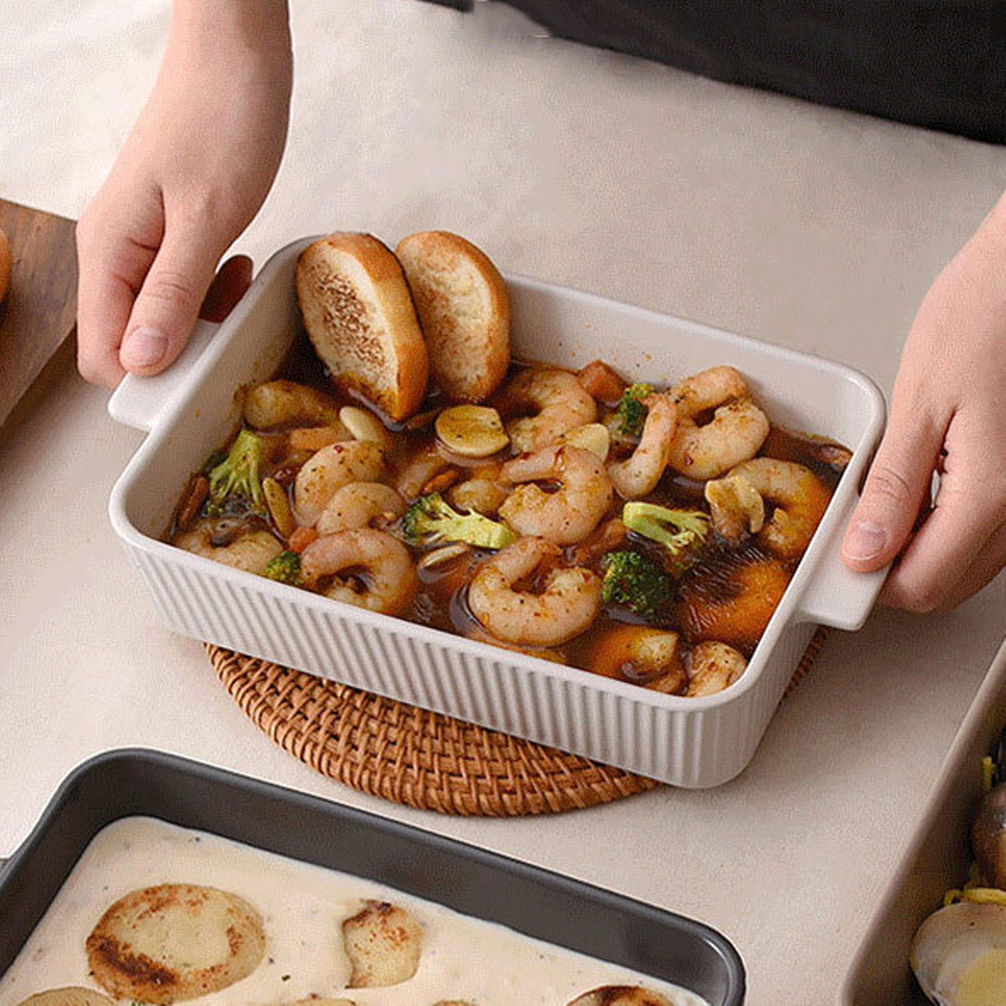 플리츠 직사각 포케그릇 샐러드보울 그라탕기 파스타볼 라쟈냐 오븐 용기