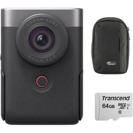 [해외]캐논 파워샷 V10 콘텐츠 크리에이터 컴팩트 브이로그 카메라, 4K 비디오, 19mm 고정 광각 렌즈 | 실버, 64GB MicroSDXC 메모리 카드 + 디지털 카메라 케