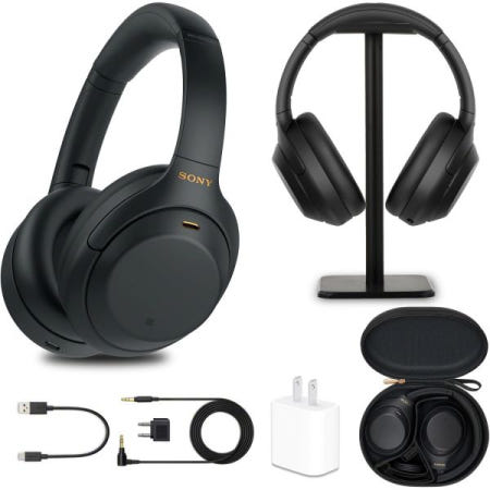 Sony [해외]전화 통화 및 음성 제어를 위한 마이크가 있는 소니 WH-1000XM4 무선 노이즈 캔슬링 오버이어 헤드폰(블랙) + 헤드폰 스탠드 USB 어댑터