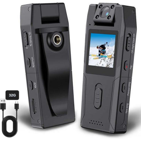 [해외]비디오 및 오디오 녹음이 가능한 바디 카메라, 32GB SD 카드, 야간 투시 기능이 있는 휴대용 스포츠 캠, 180° 회전 렌즈, 야외 여행용 착용형 바디캠, 법 집행 기