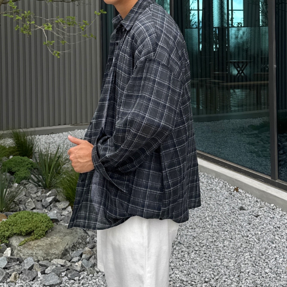 남자 차스 루즈 오버핏 여름 쿨링 린넨 긴팔 체크 셔츠 남방 - 상세 이미지 3