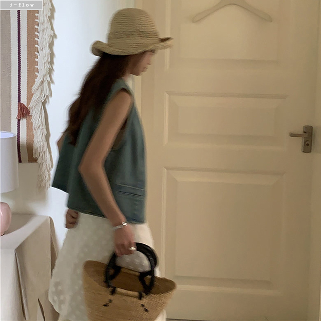 피티 데님 민소매 베스트 조끼 1col 여름 자켓 레이어드 코튼 라운드 버튼 제이플로우 이미지 3