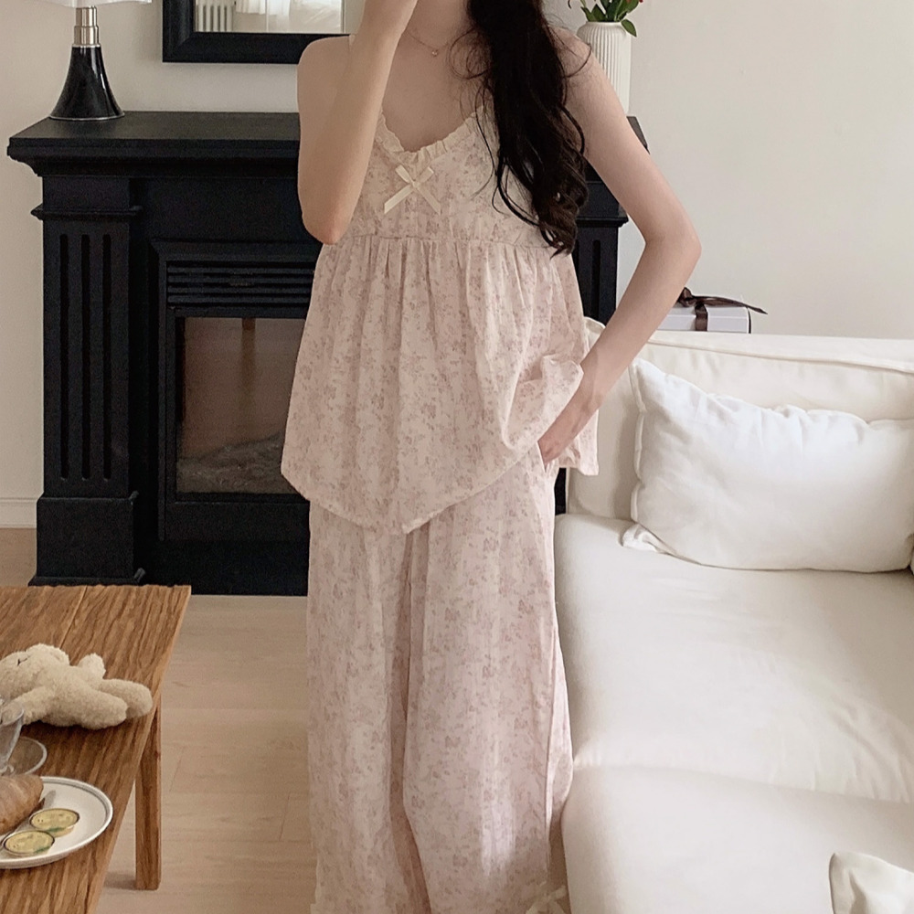 캡내장잠옷 거즈면잠옷 나시파자마 브라캡 노브라 민소매 여름 플라 긴바지 라비엔 세트 - 상세 이미지 3