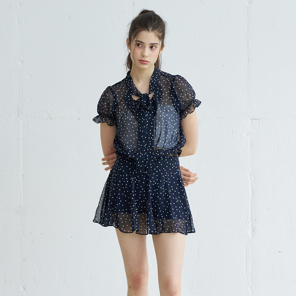 POLKA DOT FLARE MINI SKIRT (NAVY) - 상품 이미지