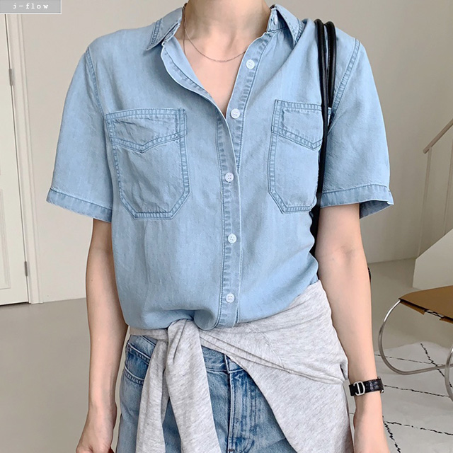 노이버 카라 포켓 데님 여름 셔츠 2col 썸머 데일리 캐쥬얼 빈티지 제이플로우 - 상품 이미지