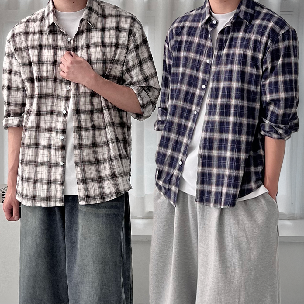 1+1 남자린넨셔츠 남자체크남방 여름긴팔와이셔츠