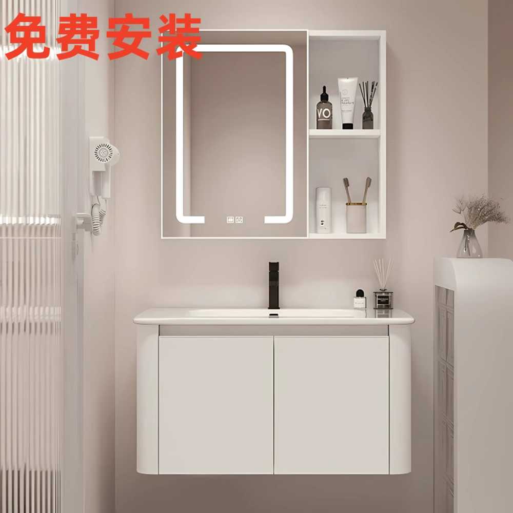 하부장세면대 카페 습식 도어 수납장 세트 욕실 설치 화이트 61cm 세면대+스마트 원형 거울 - 상세 이미지 2