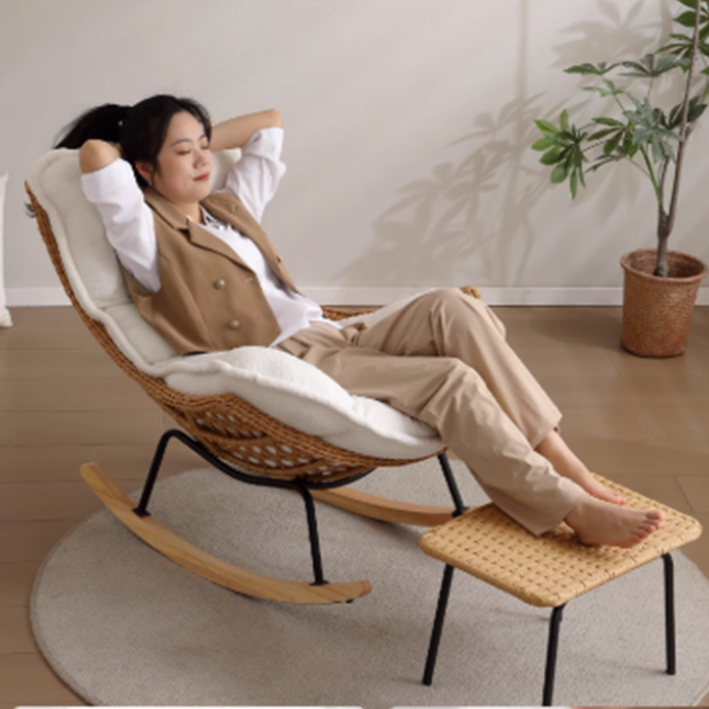 라탄 안락의자 수유의자 좌식의자 컴퓨터의자 독서의자 크림화이트-테디벨벳+발받침 - 메인 이미지