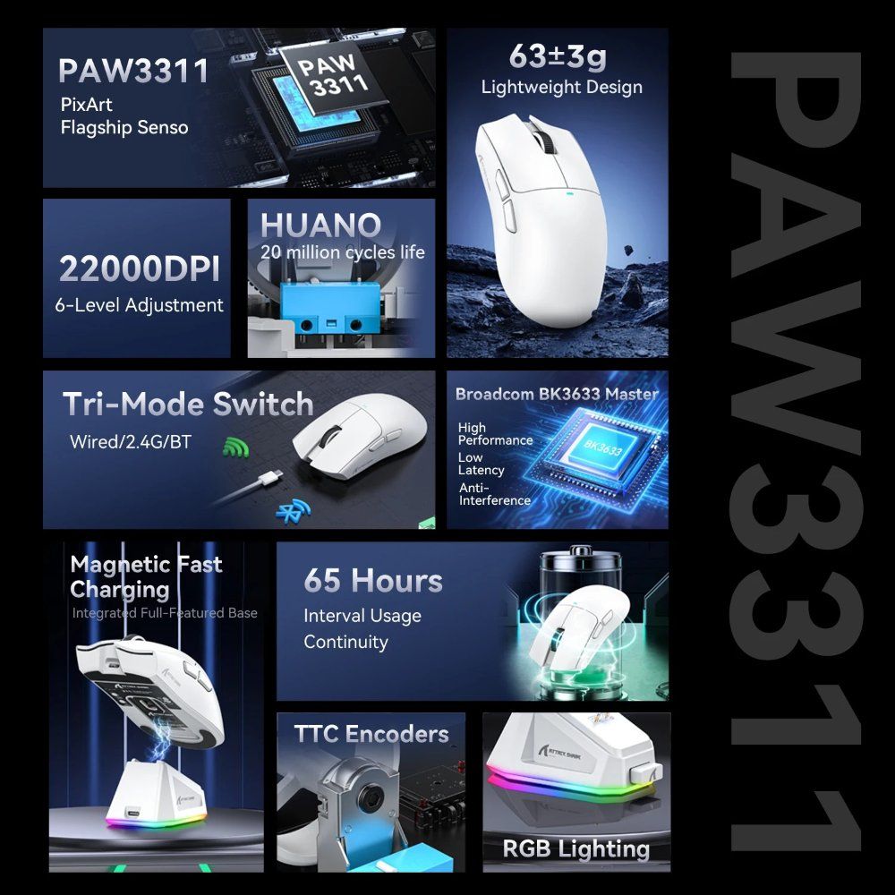 어택샤크 X11 PAW3311 무선블루투스마우스 2.4G 400IPS RGB PC 게이밍 블랙 - 상세 이미지 2