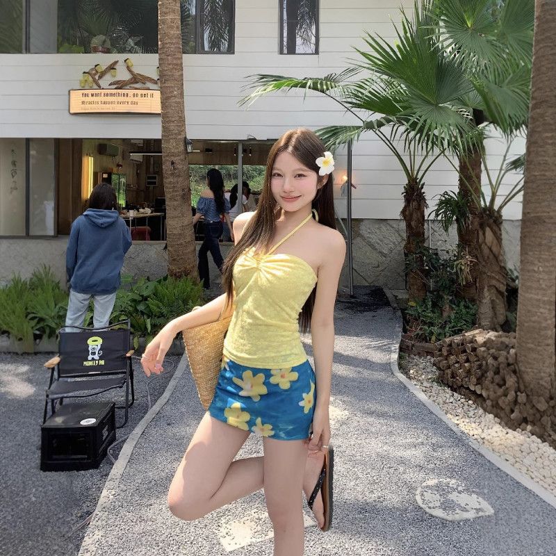 봄 여름 Y2K 셔링 튜브탑 플라워 미니스커트 투피스 세트 슬림핏 휴양지 바캉스룩 - 상품 이미지