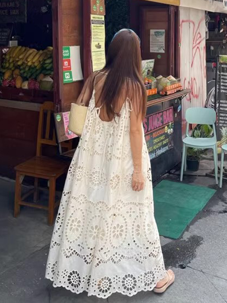 펀칭 레이스 나시 원피스 오픈백 롱원피스 해변 휴양지 데일리 보헤미안 - 상세 이미지 5