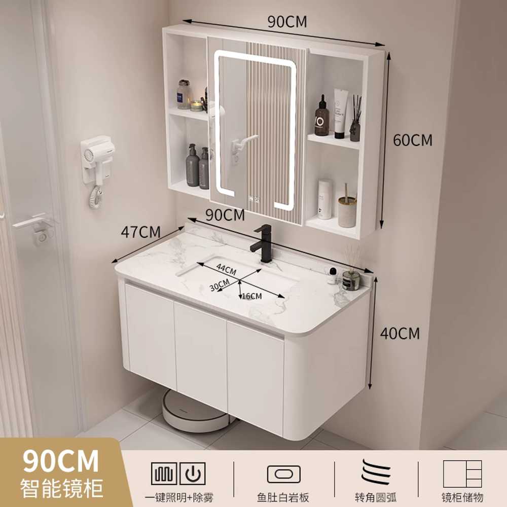 하부장세면대 카페 습식 도어 수납장 세트 욕실 설치 화이트 61cm 세면대+스마트 원형 거울 - 상세 이미지 5