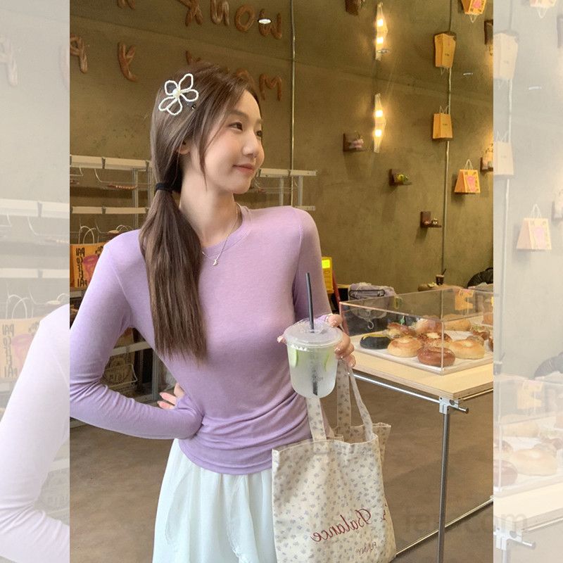 봄 가을 여성 슬림핏 라운드넥 무지 긴팔 티셔츠 텐셀 아크릴 혼방 데일리룩 캐주얼룩 심플티 3081 - 상세 이미지 3