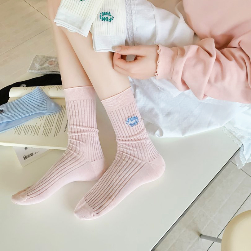 에브리디 여성 시스루 골지 얇은 여름 자수 중목 양말 퍼니 5종세트 - 메인 이미지