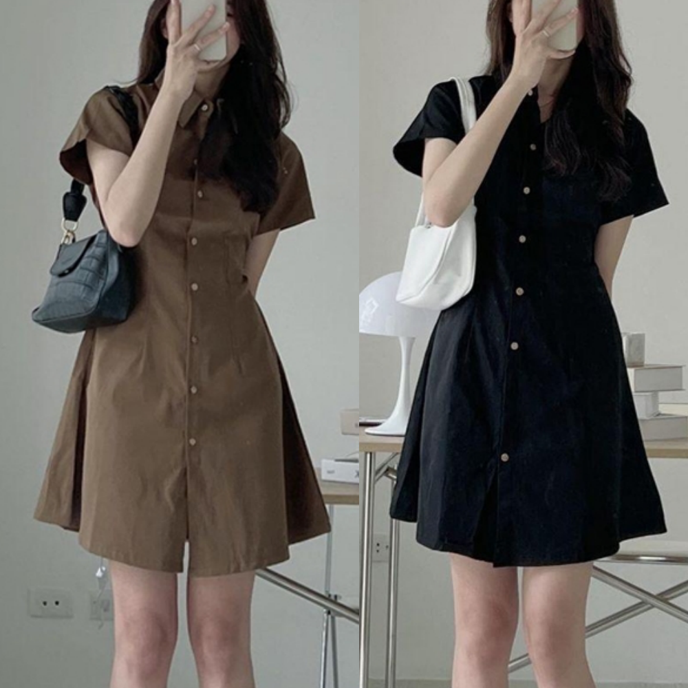 여성 슬림 미니 카라 반팔 원피스 휴양지 바캉스 룩 - 상품 이미지