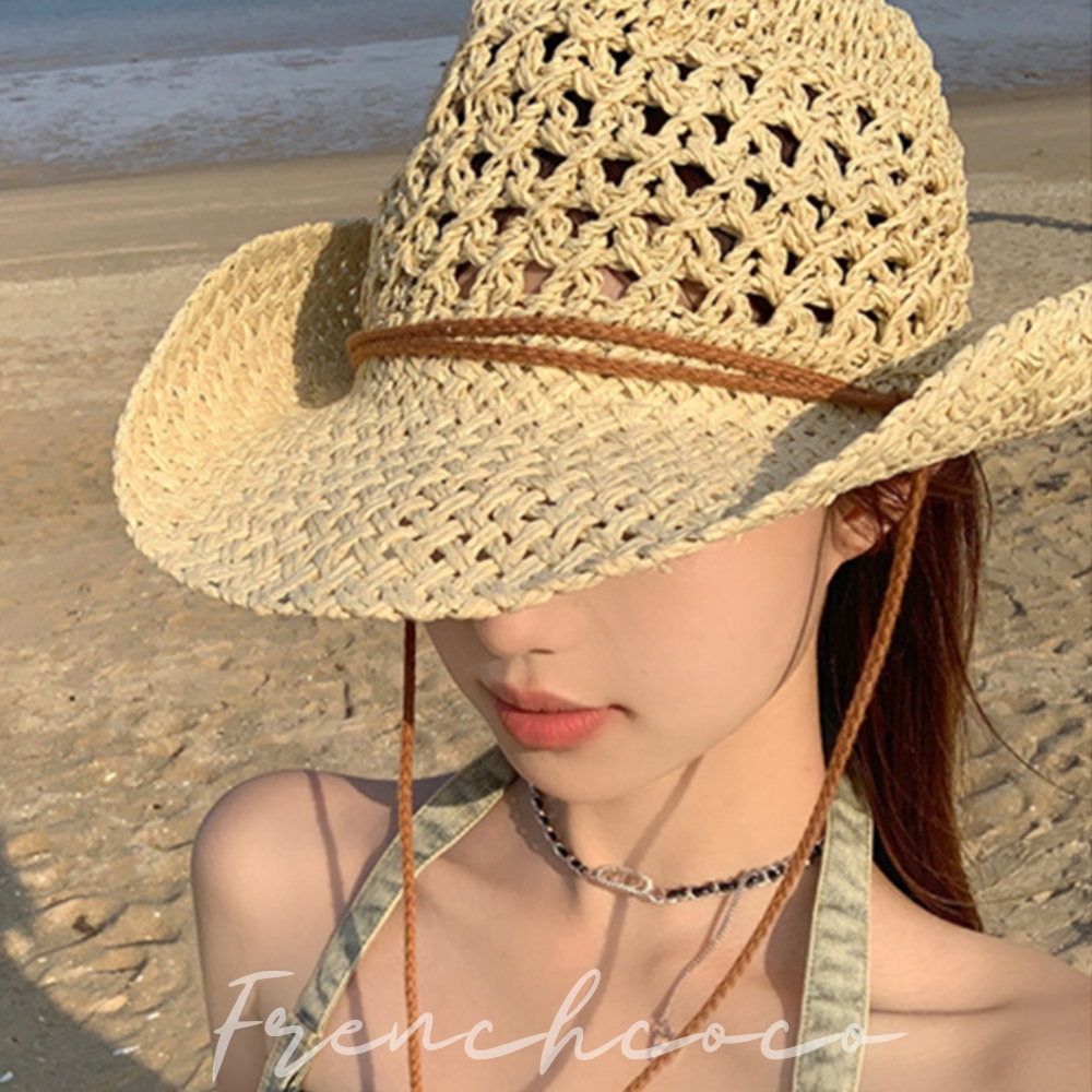 프렌치코코 밀짚 파나마햇 여름모자 페도라 Y2K 선셋 웨스턴 카우보이 라탄햇 - 상품 이미지