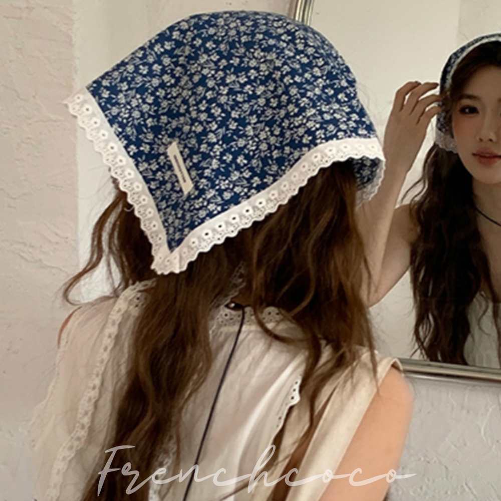 프렌치코코 여름 플라워 스카프 두건 잔꽃 펀칭 레이스 헤어커치프 반다나
