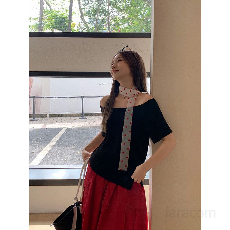 봄 여름 여성 루즈핏 오프숄더 옆트임 무지 반팔 티셔츠 혼방 데일리룩 캐주얼룩 심플티 1675 - 상세 이미지 2