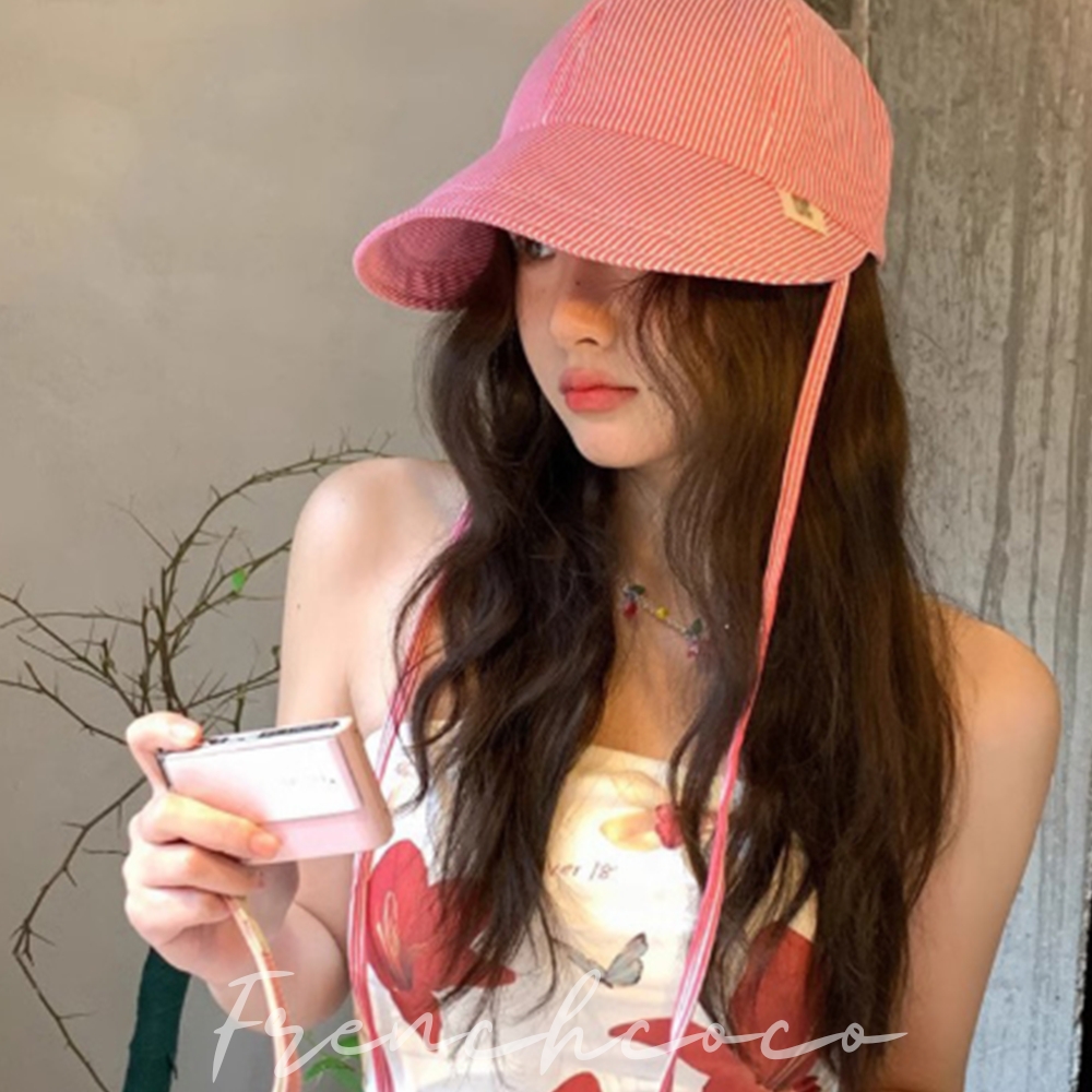 프렌치코코 끈있는 캡모자 볼캡 스트랩 버킷햇 와이드 넓은챙 자외선차단 - 메인 이미지